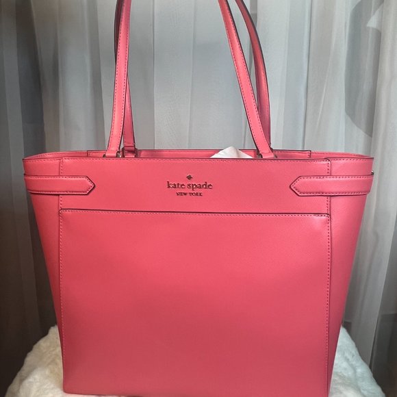 Kate Spade Staci Laptop Tote Triple Compartment Leather Garden Pink - Picture 1 of 8
